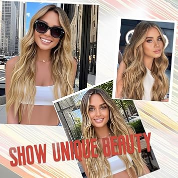 Long Ombre Blonde Wigs for Women 26 inch Long Wavy Middle Part Wig Ombre Blonde Wigs Upgraded Protein Fiber Hair Replacement Wig Cosplay Costume Halloween Wig(26'' Brown Ombre Blonde)
