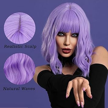 Purple Wig with Bangs Soft Short Bob Wavy Wigs for Women Synthetic Shoulder Length Women's Curly Wigs for Halloween Costumes Cosplay Daily (Purple)