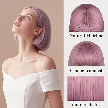 12 Inch Short Bob Pink Mixed Purple Wig with Bangs, Colorful Wig for Halloween Daily Cosplay & Party Use, Heat Resistant Straight Synthetic Cosplay Party Wigs for Women, Purple Pink