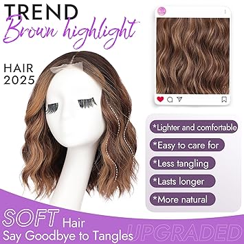Brown Highlight Short Wavy Wig for Women Lace Hairline Bob Style Synthetic Heat Resistant - Natural Appearance for Everyday Hairstyle 14 Inch