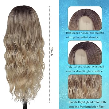 Long Ombre Blonde Wigs for Women 26 inch Long Wavy Middle Part Wig Ombre Blonde Wigs Upgraded Protein Fiber Hair Replacement Wig Cosplay Costume Halloween Wig(26'' Brown Ombre Blonde)