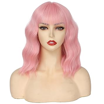 Light Pink Wig for Women Short Pastel Wavy Wigs Curly Bob Wigs with Bangs Shoulder Length Colorful Synthetic Wigs for Cosplay Costume Party Daily Use(14 Inches)