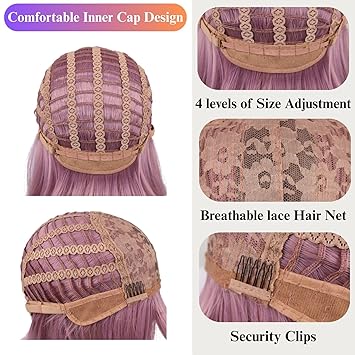 12 Inch Short Bob Pink Mixed Purple Wig with Bangs, Colorful Wig for Halloween Daily Cosplay & Party Use, Heat Resistant Straight Synthetic Cosplay Party Wigs for Women, Purple Pink