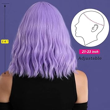 Purple Wig with Bangs Soft Short Bob Wavy Wigs for Women Synthetic Shoulder Length Women's Curly Wigs for Halloween Costumes Cosplay Daily (Purple)