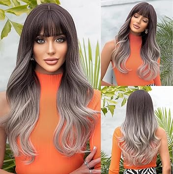 Ombre Blonde Synthetic Wig with Bangs - Long Natural Wavy Hair for Women | Daily & Cosplay Use