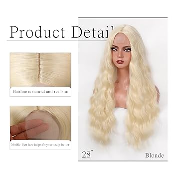 Long Blonde Wavy Wig for Women 28 Inch Middle Part Wavy Curly Wig Natural Looking Synthetic Heat Resistant Fiber Wig for Daily Party Halloween Cosplay Use