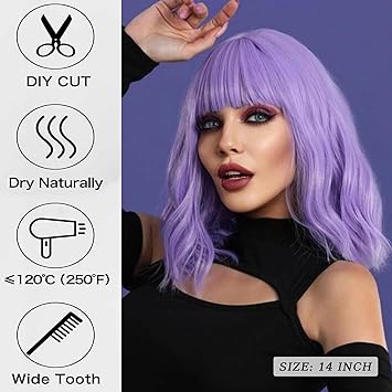 Purple Wig with Bangs Soft Short Bob Wavy Wigs for Women Synthetic Shoulder Length Women's Curly Wigs for Halloween Costumes Cosplay Daily (Purple)