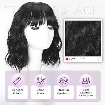 Black Wig With Bangs Bob Synthetic Curly Wigs Natural Shoulder Length Wig 12 inch for Women Girls Daily Use Colorful Wigs