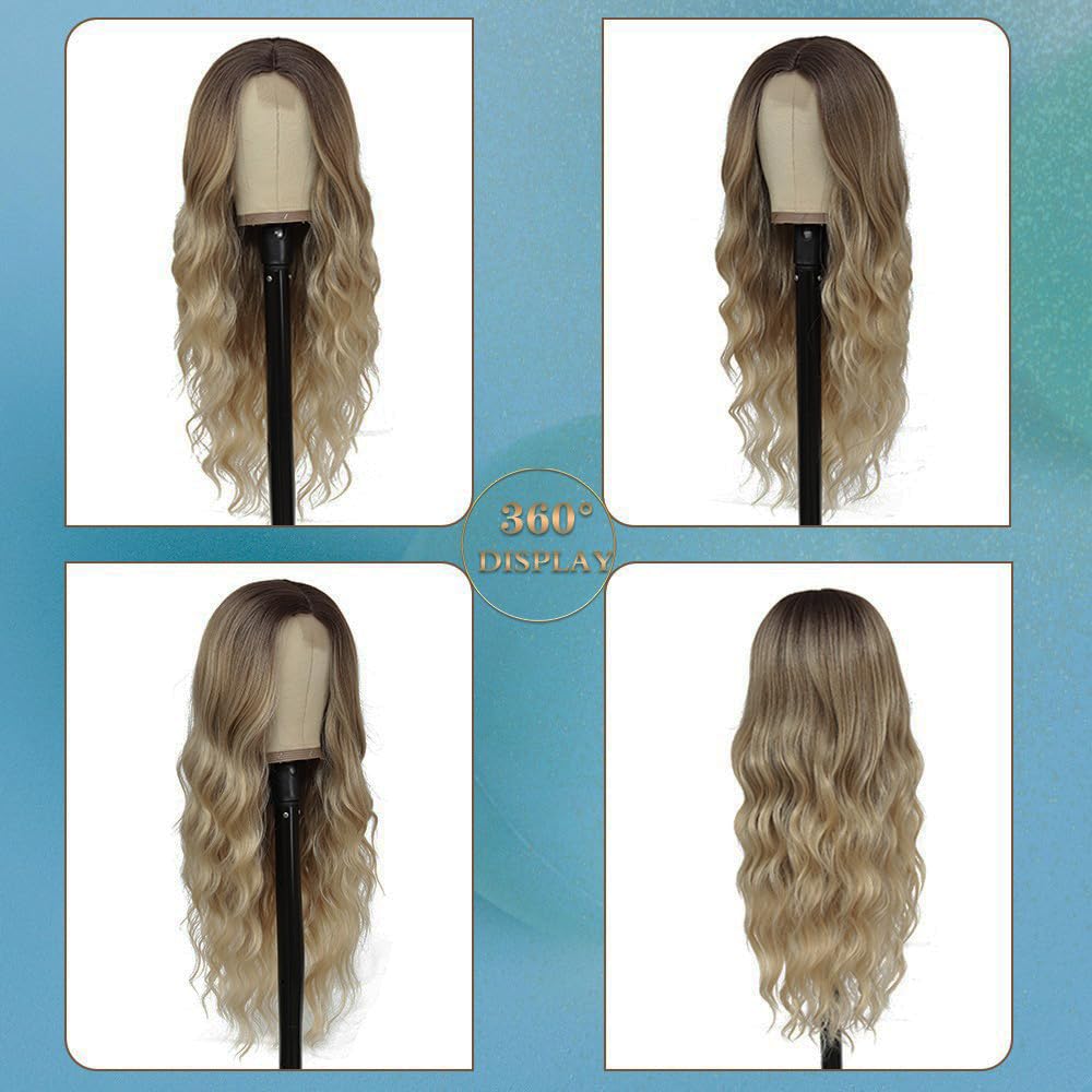 Long Ombre Blonde Wigs for Women 26 inch Long Wavy Middle Part Wig Ombre Blonde Wigs Upgraded Protein Fiber Hair Replacement Wig Cosplay Costume Halloween Wig(26'' Brown Ombre Blonde)
