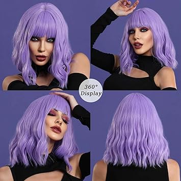 Purple Wig with Bangs Soft Short Bob Wavy Wigs for Women Synthetic Shoulder Length Women's Curly Wigs for Halloween Costumes Cosplay Daily (Purple)