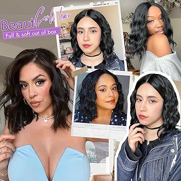 Brown Highlight Short Wavy Wig for Women Lace Hairline Bob Style Synthetic Heat Resistant - Natural Appearance for Everyday Hairstyle 14 Inch