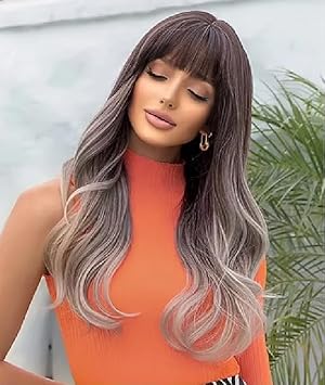 Ombre Blonde Synthetic Wig with Bangs - Long Natural Wavy Hair for Women | Daily & Cosplay Use