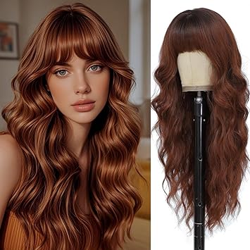 Long Auburn Wigs with Bangs 26Inch Wavy Curly Reddish Hair for Women Tangle Free Soft Natural Looking Premium Heat Resistant Protein Fiber Daily Party Use
