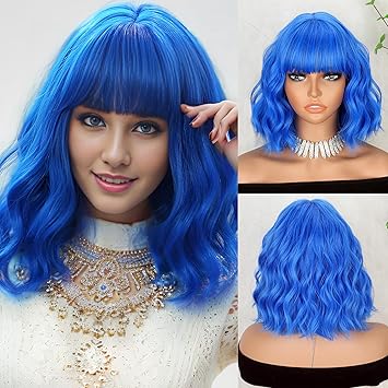 Short Dark Blue Wigs with Bangs for Women Synthetic Shoulder Length Wavy Bob Wig for Girl Colorful Costume Wigs (Blue)