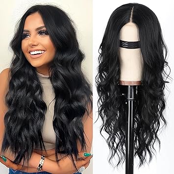 Black Wig for Women, Long Wavy Lace Hairline Middle Part Synthetic Heat Resistant Wig for Daily Party-26 Inch