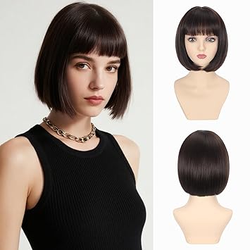 Dark Brown Bob Wig with Bangs 12 Inch Short Straight Natural Looking Synthetic Wig for Women Heat Resistant Daily Cosplay Party Use