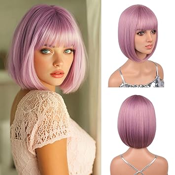 12 Inch Short Bob Pink Mixed Purple Wig with Bangs, Colorful Wig for Halloween Daily Cosplay & Party Use, Heat Resistant Straight Synthetic Cosplay Party Wigs for Women, Purple Pink