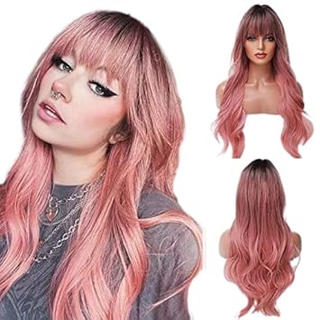 Long Ombre Pink Wig for Women - Natural Curly Hair Synthetic Wigs With Bang Dark Root, Party Cosplay Daily Use (2pcs Free Wig Cap)