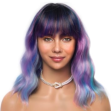 Short Bob Wigs with Bangs for Women Loose Wavy Hair Shoulder Length Colorful Mixed Wigs Synthetic Colorful Wigs for Cosplay Daily PartyUse(Colorful Mixed,12inch)