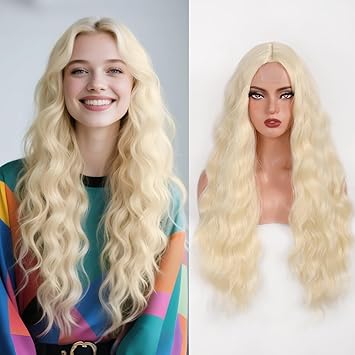 Long Blonde Wavy Wig for Women 28 Inch Middle Part Wavy Curly Wig Natural Looking Synthetic Heat Resistant Fiber Wig for Daily Party Halloween Cosplay Use