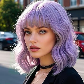 Purple Wig with Bangs Soft Short Bob Wavy Wigs for Women Synthetic Shoulder Length Women's Curly Wigs for Halloween Costumes Cosplay Daily (Purple)