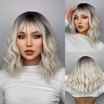 Black Ombre White Blonde Wig Short Body Wavy Bob Wigs for Women With Bangs Shoulder Length Synthetic Cosplay Party Wig for Girls Daily Use Colorful Wigs (ombre blonde)