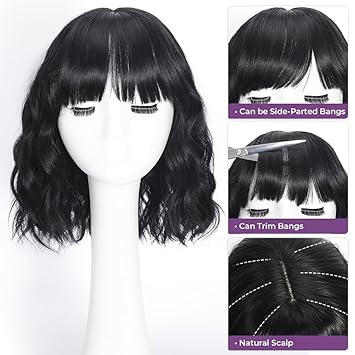 Black Wig With Bangs Bob Synthetic Curly Wigs Natural Shoulder Length Wig 12 inch for Women Girls Daily Use Colorful Wigs