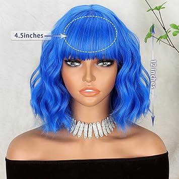 Short Dark Blue Wigs with Bangs for Women Synthetic Shoulder Length Wavy Bob Wig for Girl Colorful Costume Wigs (Blue)