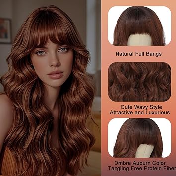 Long Auburn Wigs with Bangs 26Inch Wavy Curly Reddish Hair for Women Tangle Free Soft Natural Looking Premium Heat Resistant Protein Fiber Daily Party Use