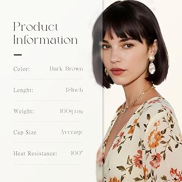 Dark Brown Bob Wig with Bangs 12 Inch Short Straight Natural Looking Synthetic Wig for Women Heat Resistant Daily Cosplay Party Use