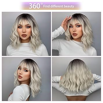 Black Ombre White Blonde Wig Short Body Wavy Bob Wigs for Women With Bangs Shoulder Length Synthetic Cosplay Party Wig for Girls Daily Use Colorful Wigs (ombre blonde)