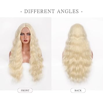 Long Blonde Wavy Wig for Women 28 Inch Middle Part Wavy Curly Wig Natural Looking Synthetic Heat Resistant Fiber Wig for Daily Party Halloween Cosplay Use