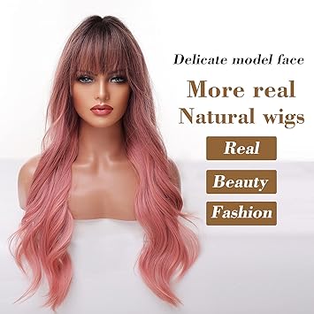 Long Ombre Pink Wig for Women - Natural Curly Hair Synthetic Wigs With Bang Dark Root, Party Cosplay Daily Use (2pcs Free Wig Cap)