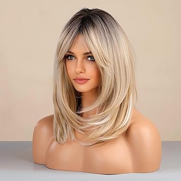 Long Layered Blonde Wigs for Women Synthetic Hair Wig with Bangs Natural Wavy Heat Resistant Wigs for Daily Party Use