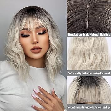 Black Ombre White Blonde Wig Short Body Wavy Bob Wigs for Women With Bangs Shoulder Length Synthetic Cosplay Party Wig for Girls Daily Use Colorful Wigs (ombre blonde)