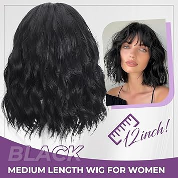 Black Wig With Bangs Bob Synthetic Curly Wigs Natural Shoulder Length Wig 12 inch for Women Girls Daily Use Colorful Wigs