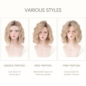Short Ombre Ash Blonde Wavy Wigs for Women 14 Inch Shoulder Length Curly Wavy Bob Wig Synthetic Natural Hair Wig for Daily Party Use (Ash Blonde, 14 inch)