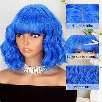 Short Dark Blue Wigs with Bangs for Women Synthetic Shoulder Length Wavy Bob Wig for Girl Colorful Costume Wigs (Blue)