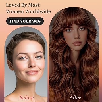 Long Auburn Wigs with Bangs 26Inch Wavy Curly Reddish Hair for Women Tangle Free Soft Natural Looking Premium Heat Resistant Protein Fiber Daily Party Use
