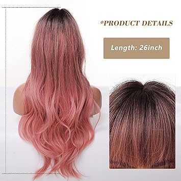 Long Ombre Pink Wig for Women - Natural Curly Hair Synthetic Wigs With Bang Dark Root, Party Cosplay Daily Use (2pcs Free Wig Cap)
