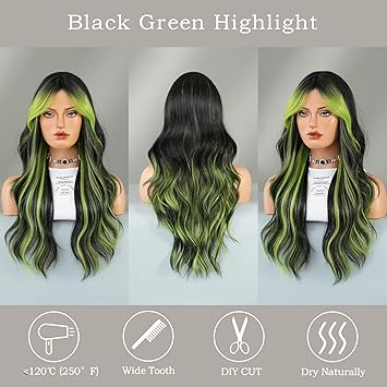 Black Wig Green Highlight Long Wavy Wig with Curtain Bang 26 Inch Ombre Black Green Wig Synthetic Heat Resistant for Women Daily Party used.