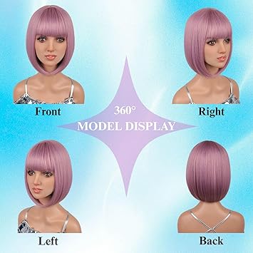 12 Inch Short Bob Pink Mixed Purple Wig with Bangs, Colorful Wig for Halloween Daily Cosplay & Party Use, Heat Resistant Straight Synthetic Cosplay Party Wigs for Women, Purple Pink