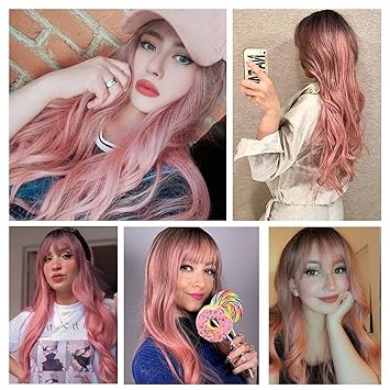 Long Ombre Pink Wig for Women - Natural Curly Hair Synthetic Wigs With Bang Dark Root, Party Cosplay Daily Use (2pcs Free Wig Cap)