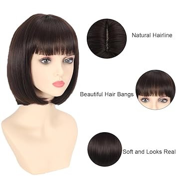 Dark Brown Bob Wig with Bangs 12 Inch Short Straight Natural Looking Synthetic Wig for Women Heat Resistant Daily Cosplay Party Use