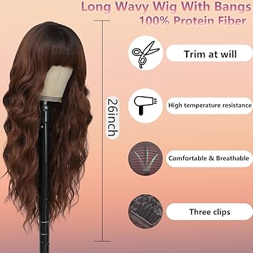 Long Auburn Wigs with Bangs 26Inch Wavy Curly Reddish Hair for Women Tangle Free Soft Natural Looking Premium Heat Resistant Protein Fiber Daily Party Use