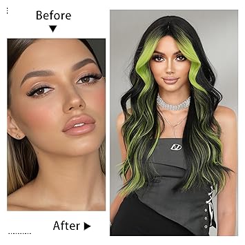Black Wig Green Highlight Long Wavy Wig with Curtain Bang 26 Inch Ombre Black Green Wig Synthetic Heat Resistant for Women Daily Party used.