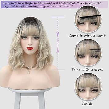 Black Ombre White Blonde Wig Short Body Wavy Bob Wigs for Women With Bangs Shoulder Length Synthetic Cosplay Party Wig for Girls Daily Use Colorful Wigs (ombre blonde)