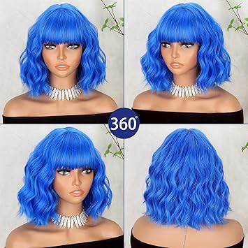 Short Dark Blue Wigs with Bangs for Women Synthetic Shoulder Length Wavy Bob Wig for Girl Colorful Costume Wigs (Blue)