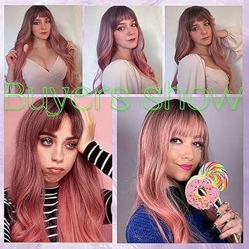 Long Ombre Pink Wig for Women - Natural Curly Hair Synthetic Wigs With Bang Dark Root, Party Cosplay Daily Use (2pcs Free Wig Cap)