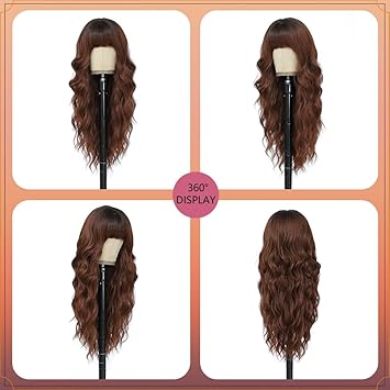 Long Auburn Wigs with Bangs 26Inch Wavy Curly Reddish Hair for Women Tangle Free Soft Natural Looking Premium Heat Resistant Protein Fiber Daily Party Use